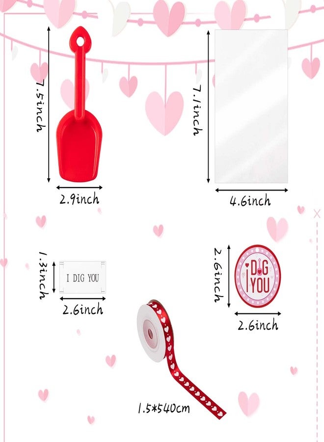 Haooryx Valentine's Day Shovels Toy Gift Set - Plastic Shovel Toy White Red Pink Mini Sand Scoop Shovel Toys Valentines Party Gift 18Set Shovels I Dig You Stickers Labels Clear Bags and 1 Heart Ribbon - Image 3